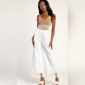 Lulu's White Wide Leg Pants with Fringe